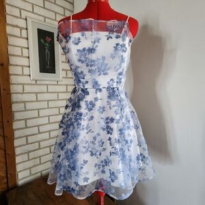 Handmade White Dress with Blue Floral Print